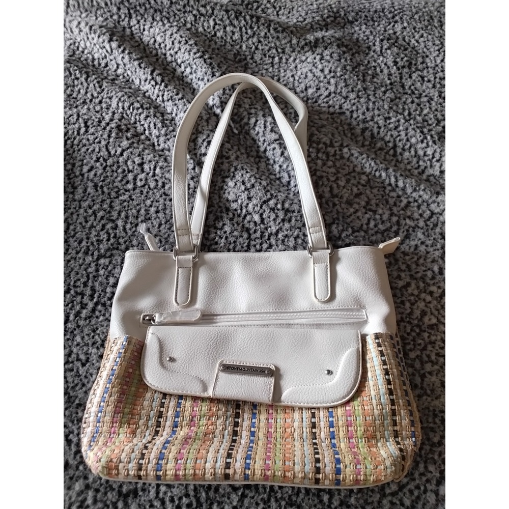 Stone Mountain USA White Faux Leather Multi Color Woven Shoulder‎ Bag Handbag
